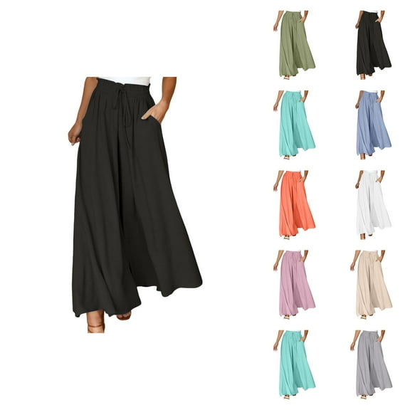 Flowy Pants for Women 2025 Elastic High Waist Drawstring Wide Leg Palazzo Pants with Pockets Casual Trousers