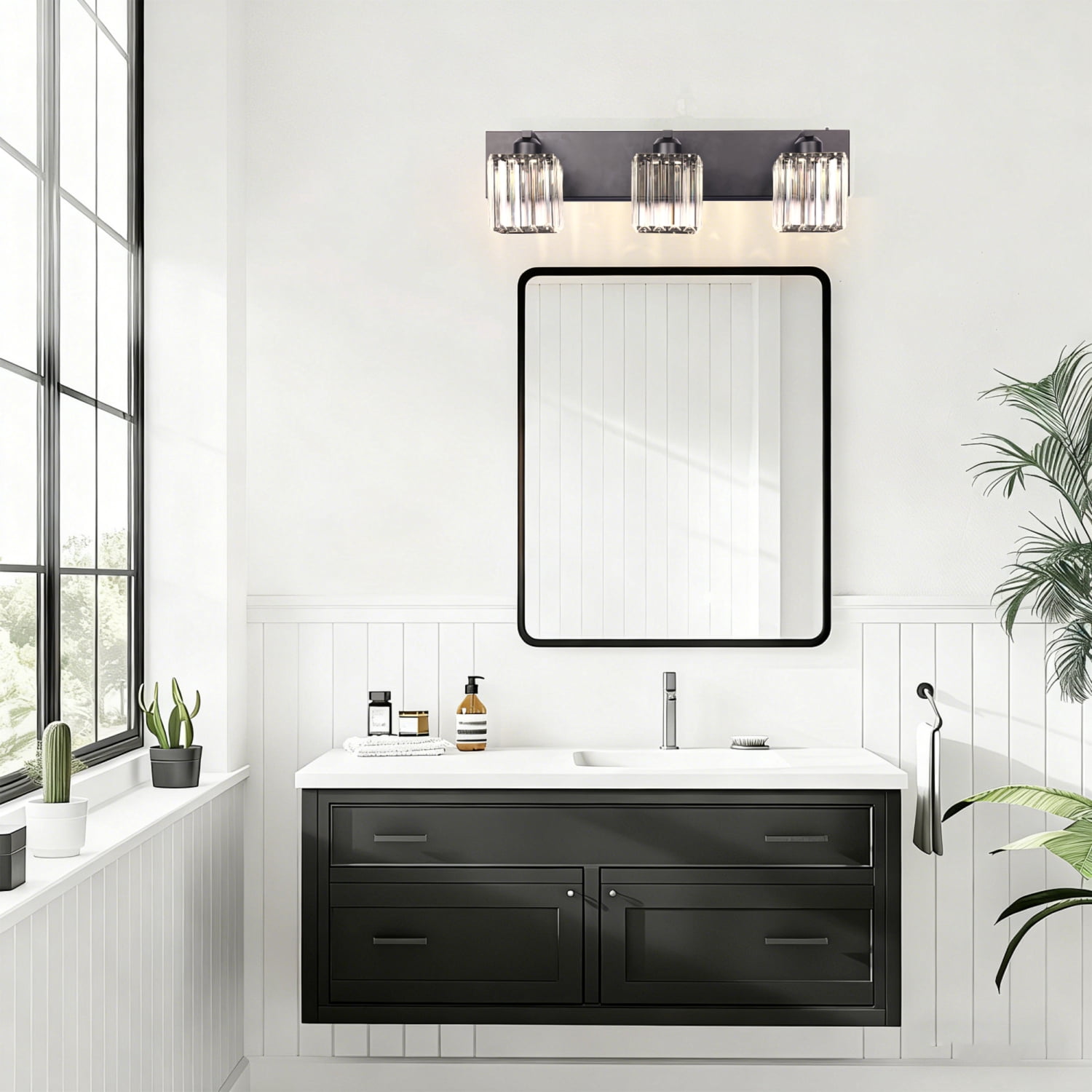 YANSUN 20.4 in Matte Black 3-Light Bathroom Vanity Light with Triangle Glass Shades, Industrial Wall Sconce for Vanity & Mirror Lighting
