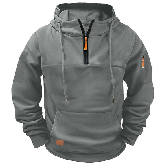 Men's Fleece-Lined Pullover Hoodie Casual Cargo Sweatshirts Quarter Zip Hoodie with Multi-Pocket Gray XL