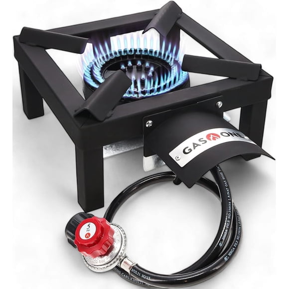 GasOne High Pressure Single Propane Burner - Outdoor Cooking with Heat Shield and Guard, Steel Braided Hose – Propane Burner Head for Camping, Tailgating, Home Brewing - Patent Pending