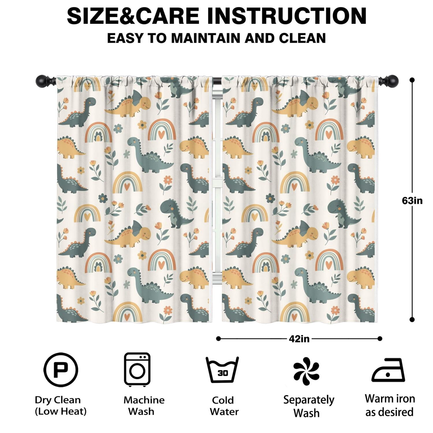 Blackout Kids Curtains,Beige Dinosaurs Rainbows Flowers Pattern Childrens Insulated Curtains Set Of 2,Bedroom Essentials,Toddler Room Decor 42"x63"