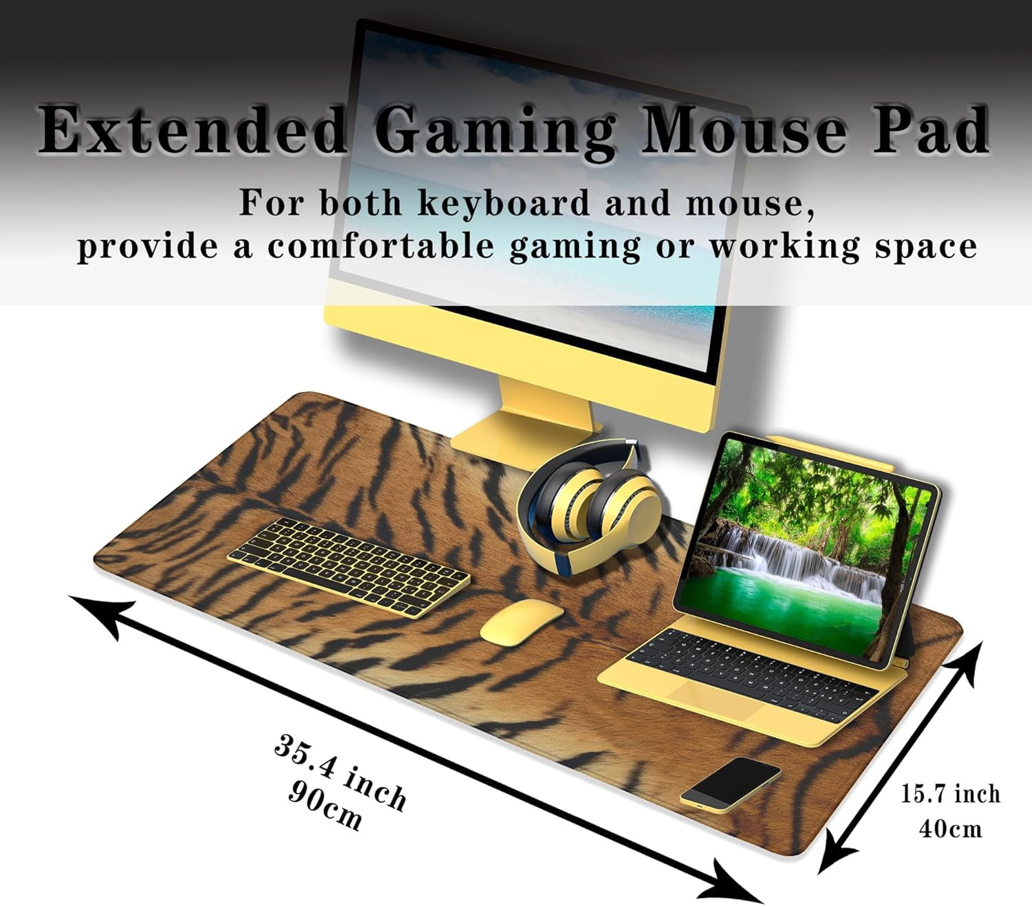 Large Mouse Pad Yellow Desk Pads Gaming Mouse Pads Keyboard Pads Extra Large Gaming Mouse Pad Non-Slip Rubber Base 35.4" X 15.7" for Game Office, Panthera Tigris Corbett Skin Pelt