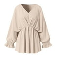 thumbnail image 4 of Women Ruffle Long Sleeve Dressy Top V Neck Elastic Tunic Waist Pleated Cute Tunic Blouses Fall Casual Office Tee (2XL, Beige), 4 of 5