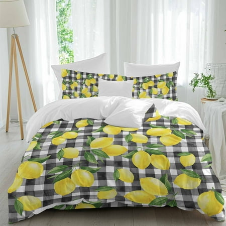Yellow Lemon Twin Size Comforter Set, Summer Fruit Black Buffalo Plaid Country Bedding for All Seasons, 4 Pcs Bed Set, 1 Quiltcover (68"x86") ,1Sheet(67"x116"), 2Pillowcases (30"x20")