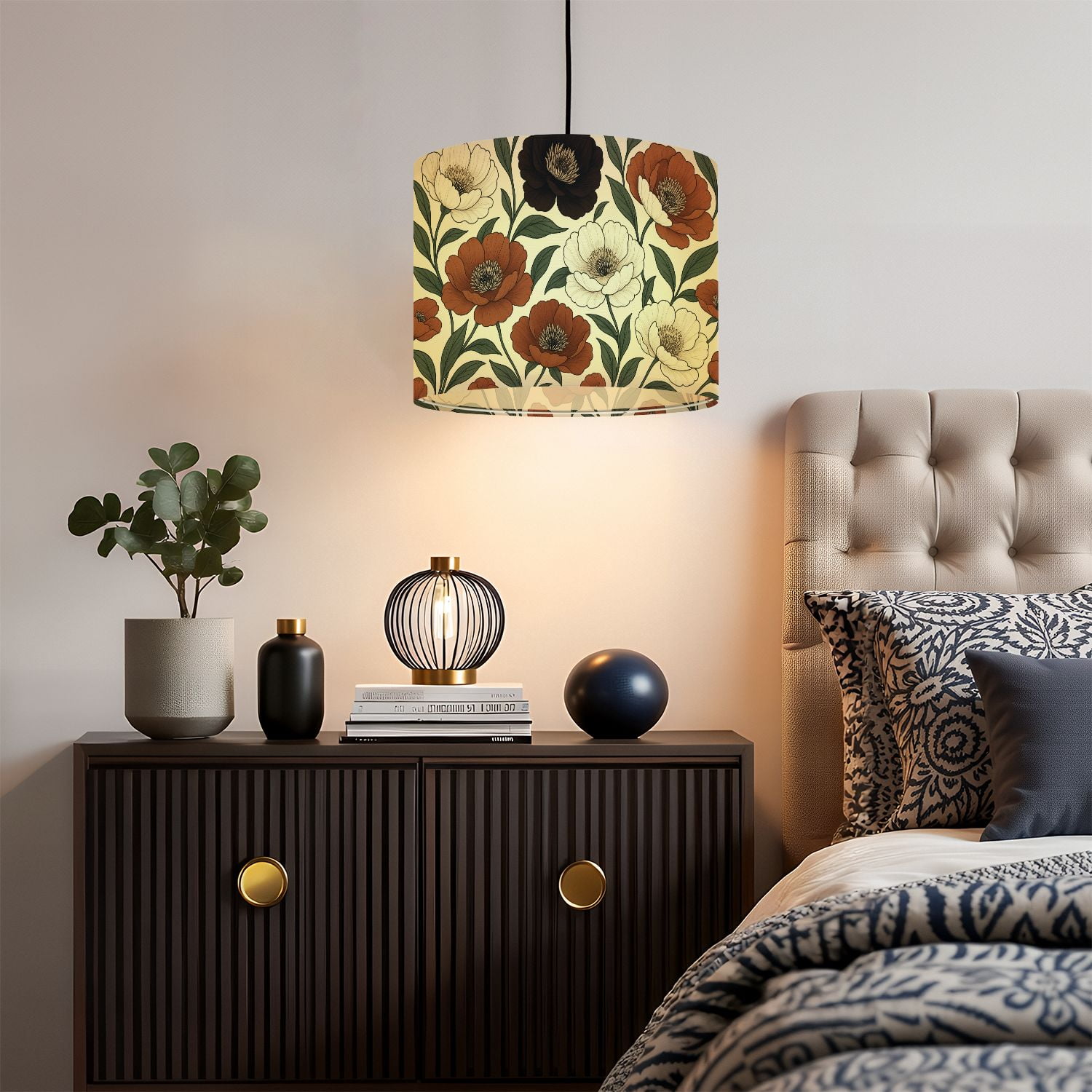 Linen Drum Lampshades Boho Brown Green Orange Peony Floral Vintage Peony Flowers 13"x13"x10" Light Shade for Table Lamps Floor Lamps Drum Lamp Shades Lampshade Replacement Assembly Required