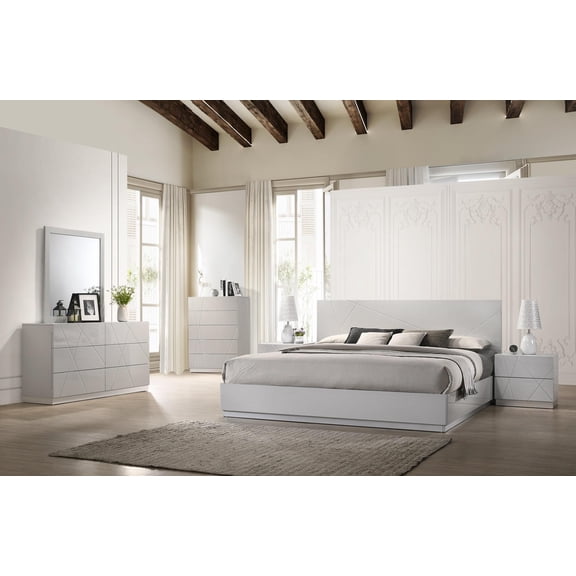 Contemporary Grey Lacquer Finish Platform King Size Bedroom Set 5Pcs J&M Naples