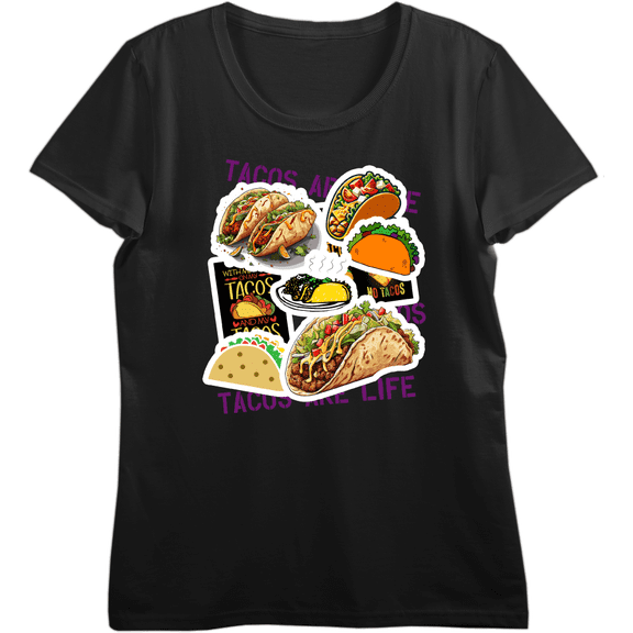 "Tacos Are Life" Taco Stickers Women's Black Crew Neck Short Sleeve Top-Medium
