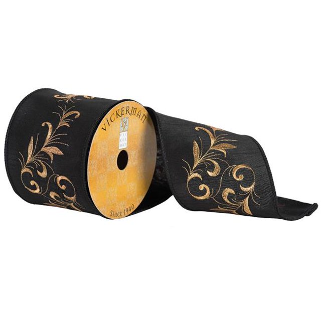 Vickerman Q172162 4 in. x 10 Yard Black & Gold Embroidery Vine Wired Ribbon