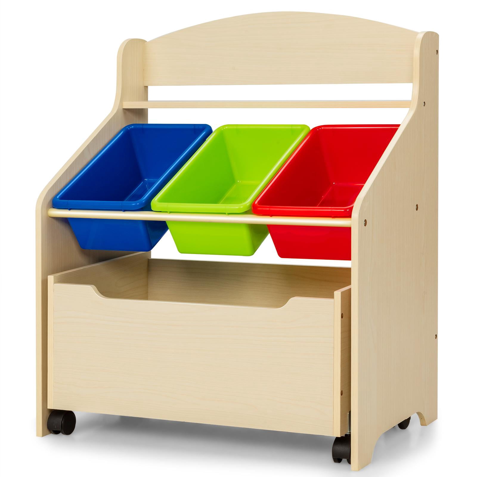Giantex Wooden Kids Toy Storage Organizer, Toddler Furniture Storage Unit w/Wheels for Child's Bedroom Playroom, Natural