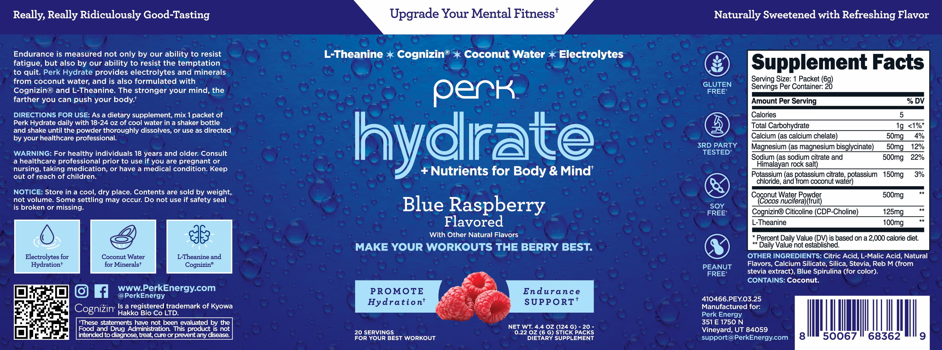 Perk Hydrate Electrolyte Stickpacks (Blue Raspberry) 20 Packets - Coconut Water, CDP-Choline, L-Theanine, Gluten-Free, Keto Friendly, Vegan