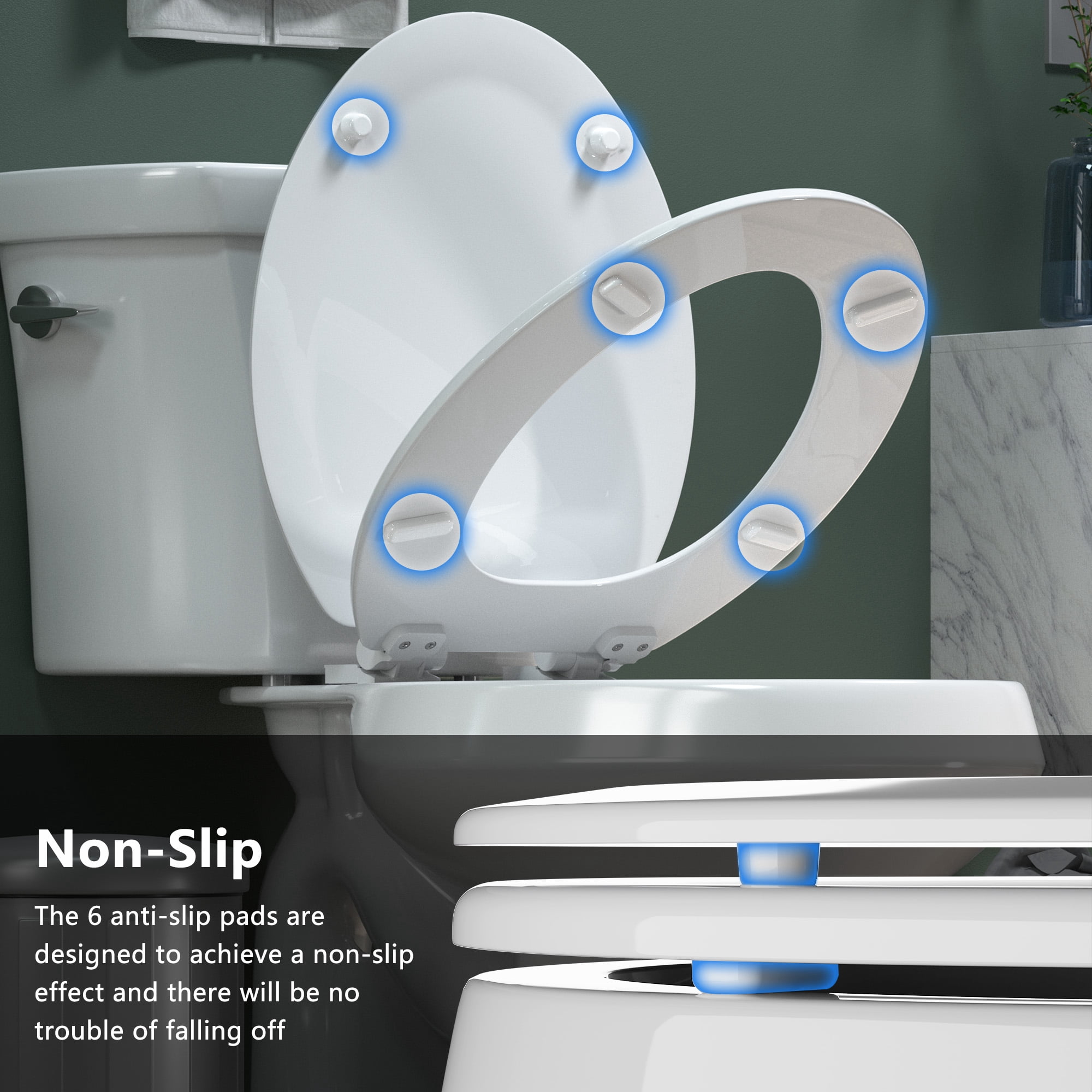 Angol Shiold Wood Toilet Seat with Non-Slip Adjustable Hinges, Quiet-Close ( White, Elongated 18.5'' )