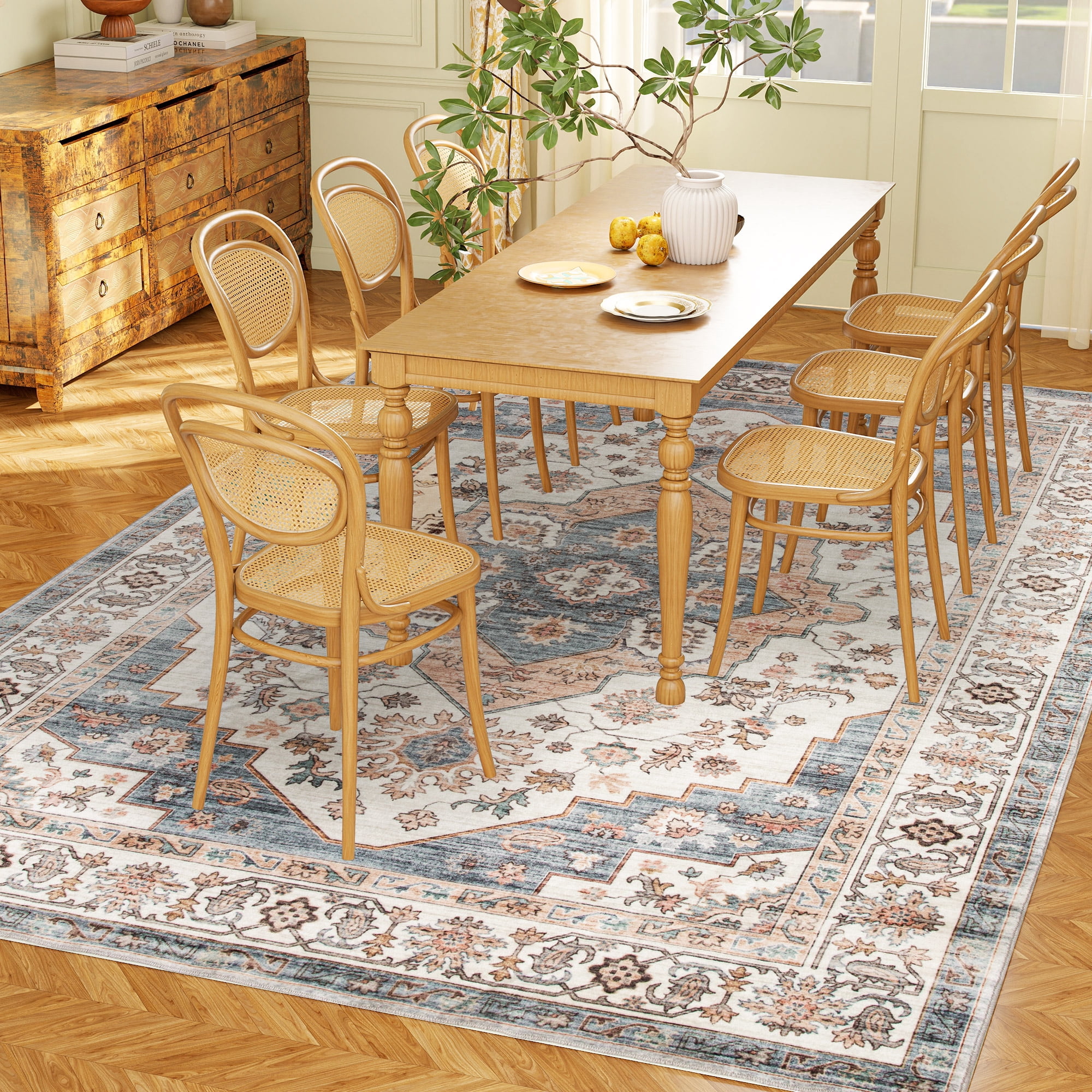8' x 10' Area Rug, Vintage Pattern Rug with Anti-Slip TPR Backing, Soft Floor Carpet for High Traffic Living Room, Easy to Clean