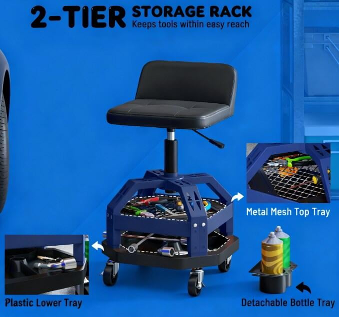 Fabric Accent Chairs, Adjustable Height Rolling Creeper Garage Stool,Tool Tray,Capacity Mechanic Stool, Blue Accent Chairs,Plastic,Steel Modern Accent Chairs