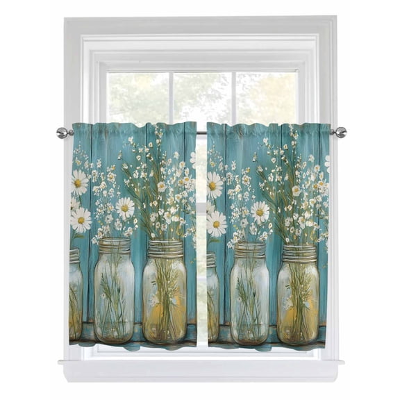 Tier Curtains 45 Inches Long, Daisy Flower Window Treatment Curtain Drapes, Vintage Floral Oil Painting Modern Wood Small Curtain Drapes for Bathroom Laundry Room, 27.5"x45", 2 Panels