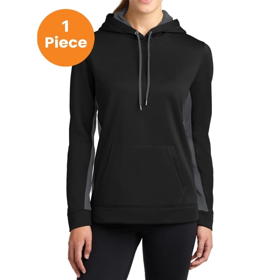 Sport-Tek LST235 Ladies Sport-Wick Fleece Colorblock Hooded Pullover, Black/ Dark Smoke Grey, M, Womens Hoodies