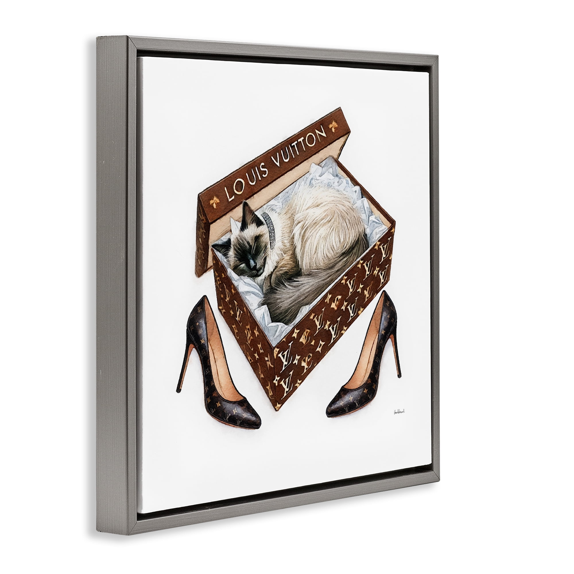 Stupell Industries Kitty Sleeping Heels Box Animals Painting Gray Floater Framed Canvas Art Print Wall Art, 18 x 18