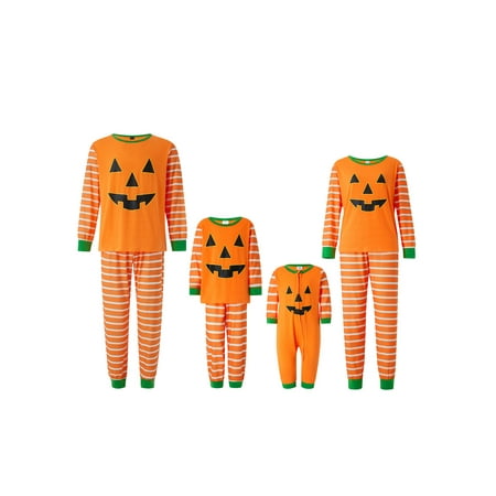 

GuliriFei Family Matching Pajamas Set Halloween Stripe Pumpkin Print Round Neck Long Sleeve Tops+ Long Pants for Parents Kids