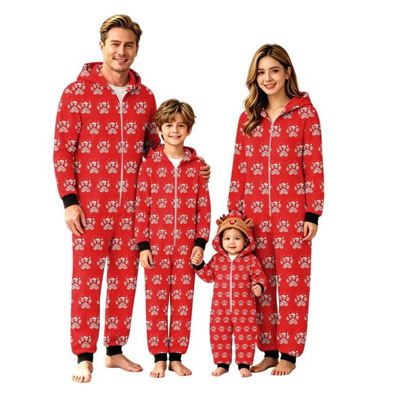 XUNKUSGA Christmas Pajamas for Family Classic Print Hooded Fleece Zip Up Jumpsuit Pjs Soft Skin Friendly Long Sleeve Family Matching Christmas Onesie Pajamas Holiday Loungewear