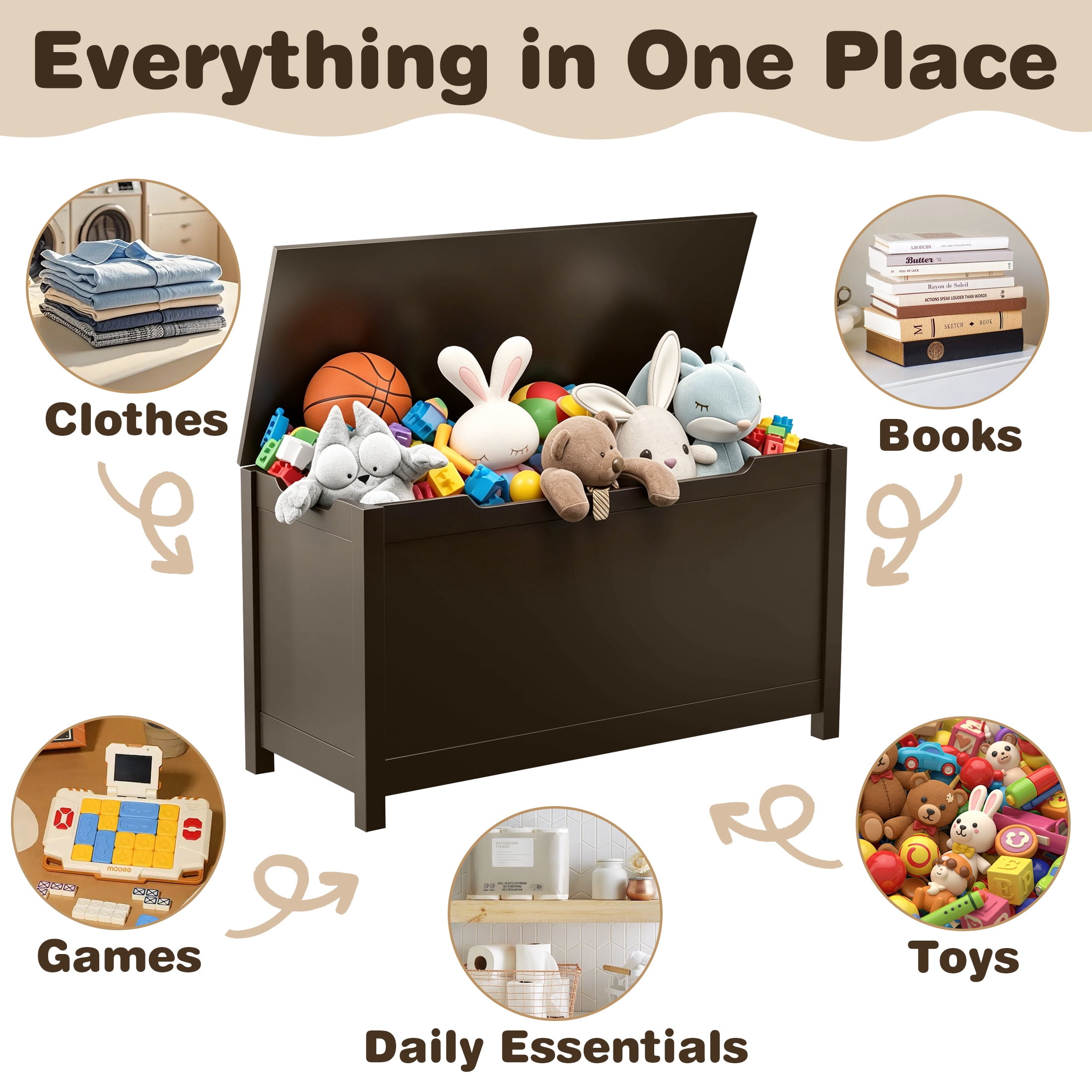Large Toy Box with Lid, SESSLIFE Wooden Toy Chest and Seating Bench for Boys Girls, Safety Hinged Toy Storage Box, Toy Organizer for Playroom, Bedroom, Nursery, Espresso