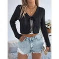 thumbnail image 5 of Women'S Light-Weight Shrugs Crochet Sweaters Tie Front 3/4 Sleeve Cropped Cardigan for Spring Summer Black XL, 5 of 8