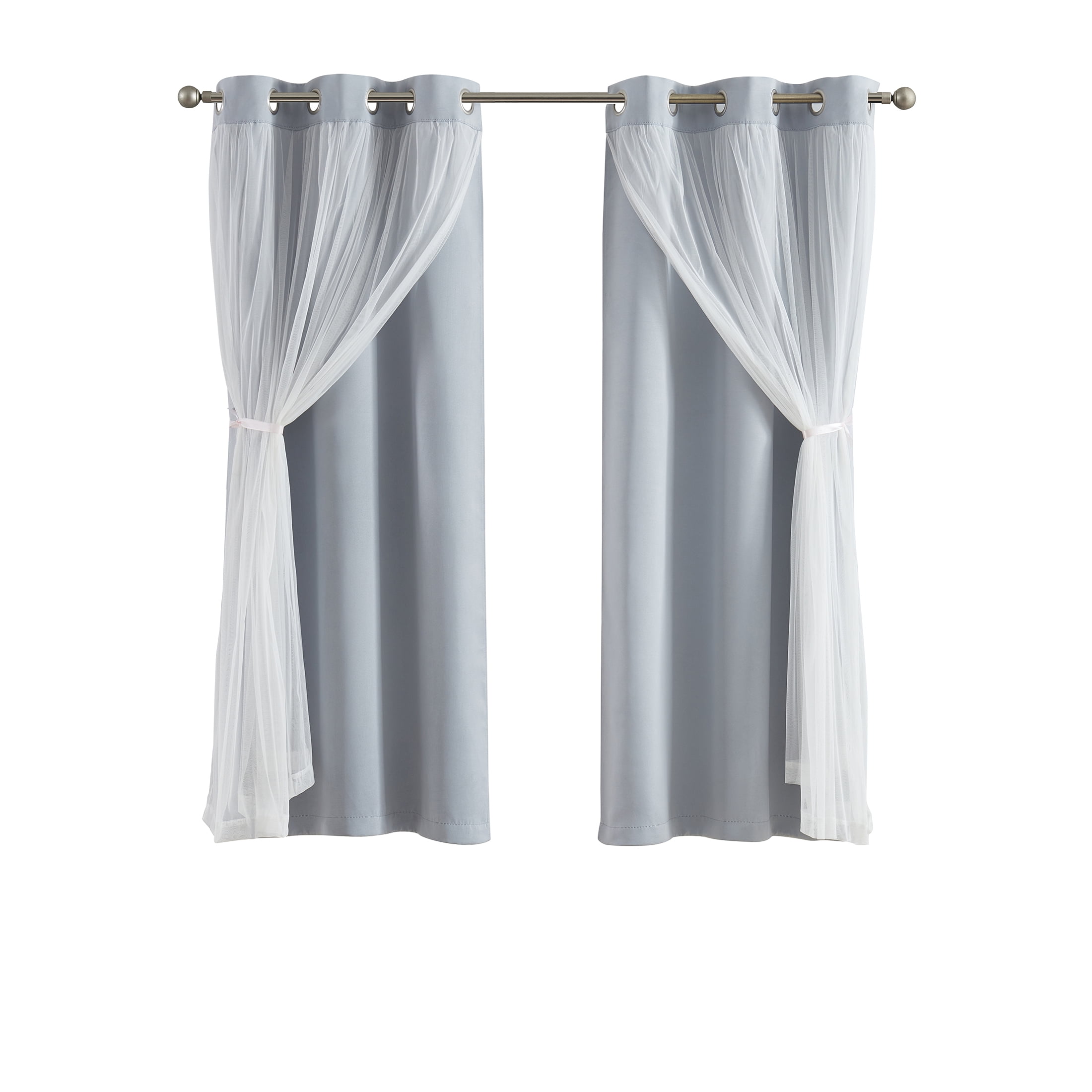 (2 pack) Your Zone Blackout Curtain Panel with Sheer Overlay, 1 Panel, Grey, 37" W x 63" L