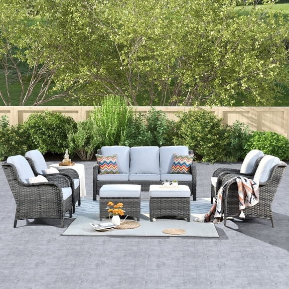 Ovios 7 Wicker Weatherproof Outdoor Conversation Sets with Sofa and Ottoman, Gray/Gray