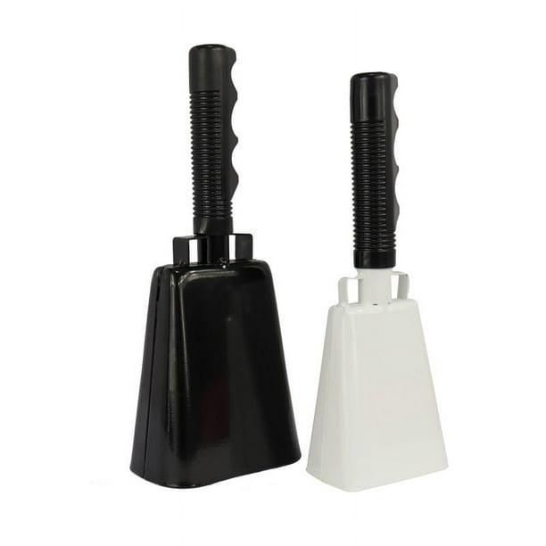 Paquete de 2 campanas de vaca blancas de acero grandes para juegos de fútbol, eventos deportivos, campana de animación con asas para graduación, percusión manual, ruido fuerte