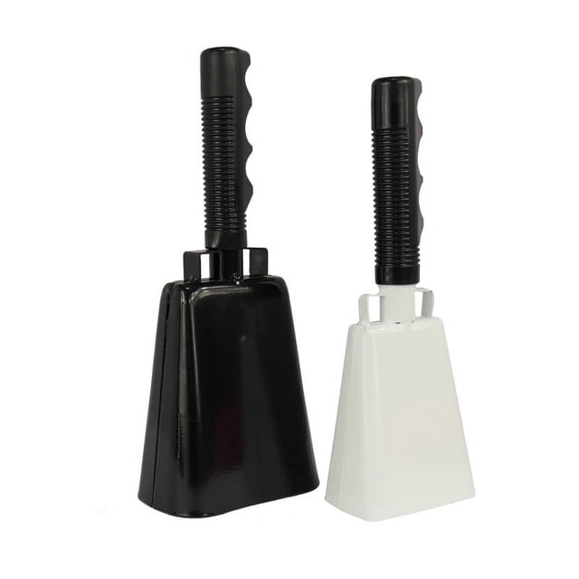 Paquete de 2 campanas de vaca blancas de acero grandes para juegos de fútbol, eventos deportivos, campana de animación con asas para graduación, percusión manual, ruido fuerte