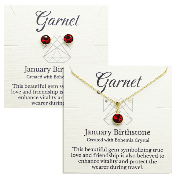 Gold January Birthstone Necklace and Stud Earrings Set with Bohemian Crystals, 14K Gold Plated, Birthday Month Gift, Great for Mom.