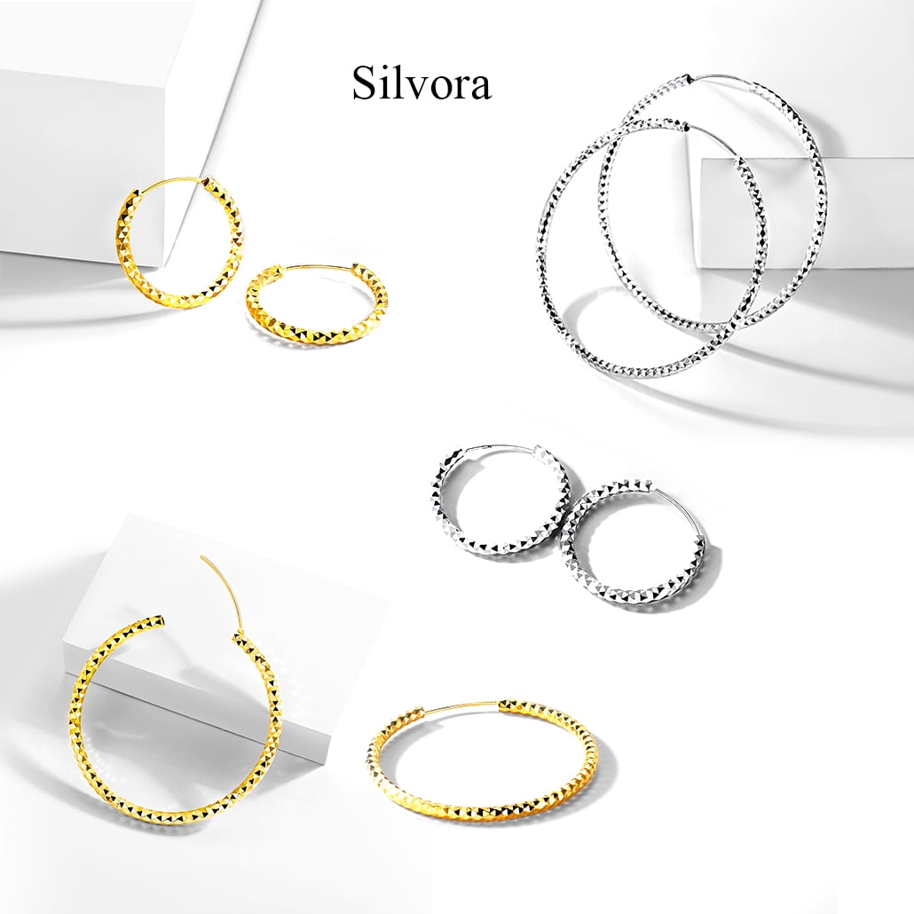 Silvora Gold Plated Large Hoop Earring for Women 70mm Multifaceted Triangle Cut Sterling Silver Hoops Jewelry Gift