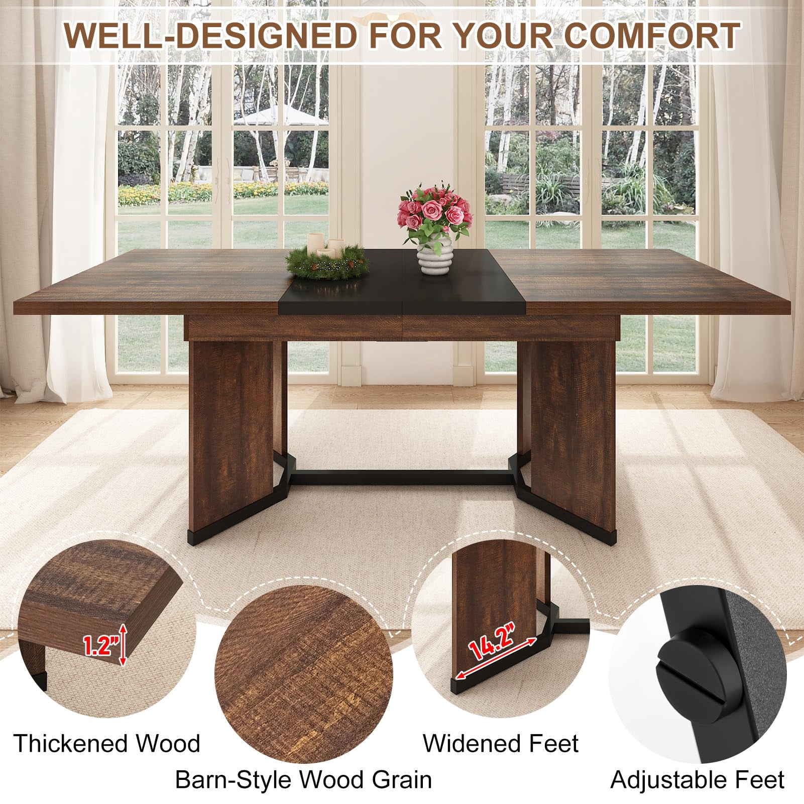 Blotout Extendable Dining Table for 6-10 Person, 59'' to 86.6'' Modern Farmhouse Wooden Kitchen Table, Rectangle Expandable Dining Room Table, Large Expanding Table (Rustic Brown)