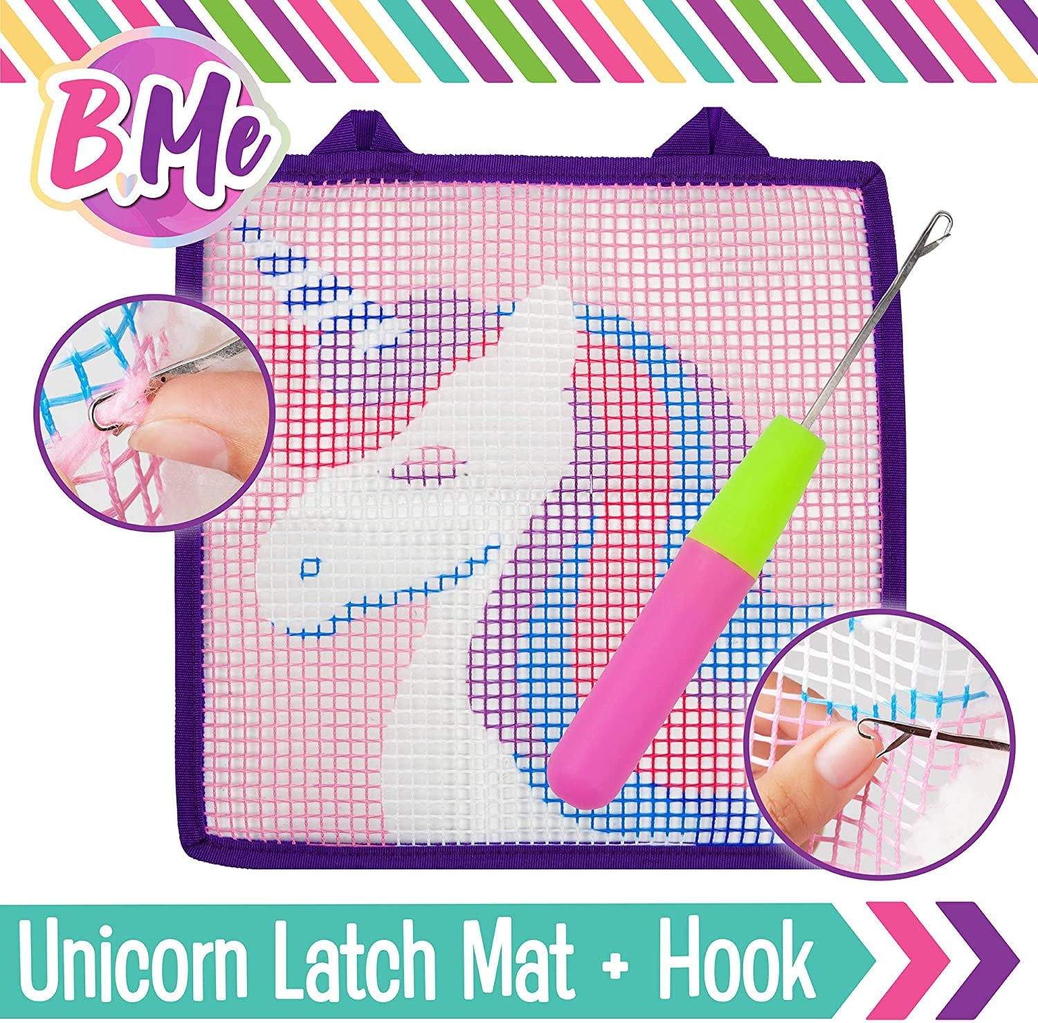 B Me DIY Unicorn Latch Hook Kit for Girls – Mini Rug Sewing Set with 15 Colorful Yarn Bundles, Color-Coded Canvas, DIY Grils Bedroom Décor Idea Perfect Birthday & Gift Age 6+