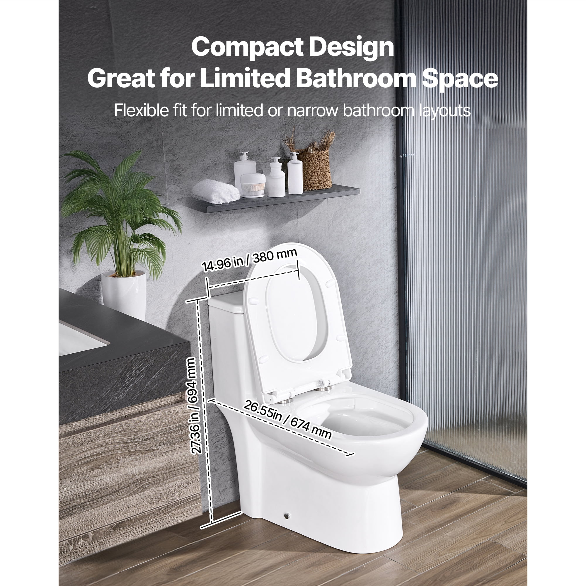 KFFKFF One-Piece Elongated Toilet with Dual-Flush 1.1/1.6 GPF, Bathroom Toilet with Comfortable Chair-Height Seat, Standard Height, Easy-to-Clean Skirted Design, 10-Inch Rough-In, White and Silver