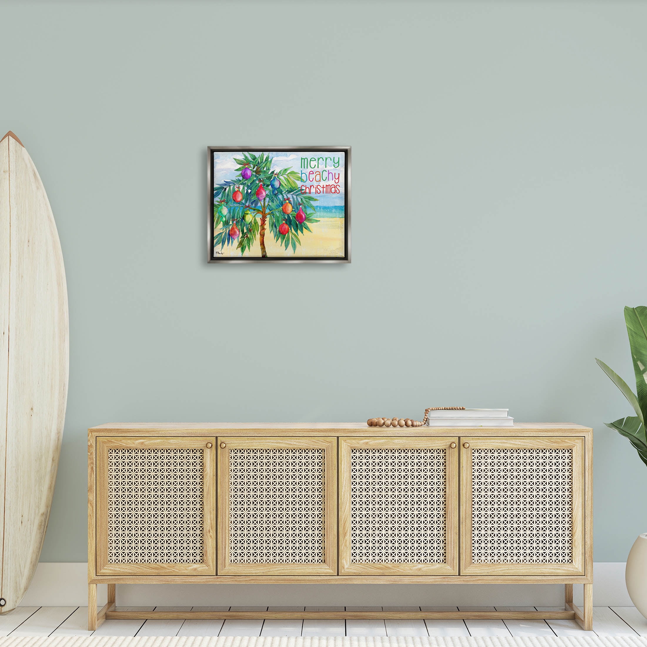 Stupell Industries Merry Beachy Christmas Holiday Palm Graphic Art Luster Gray Floating Framed Canvas Print Wall Art, Design by Paul Brent