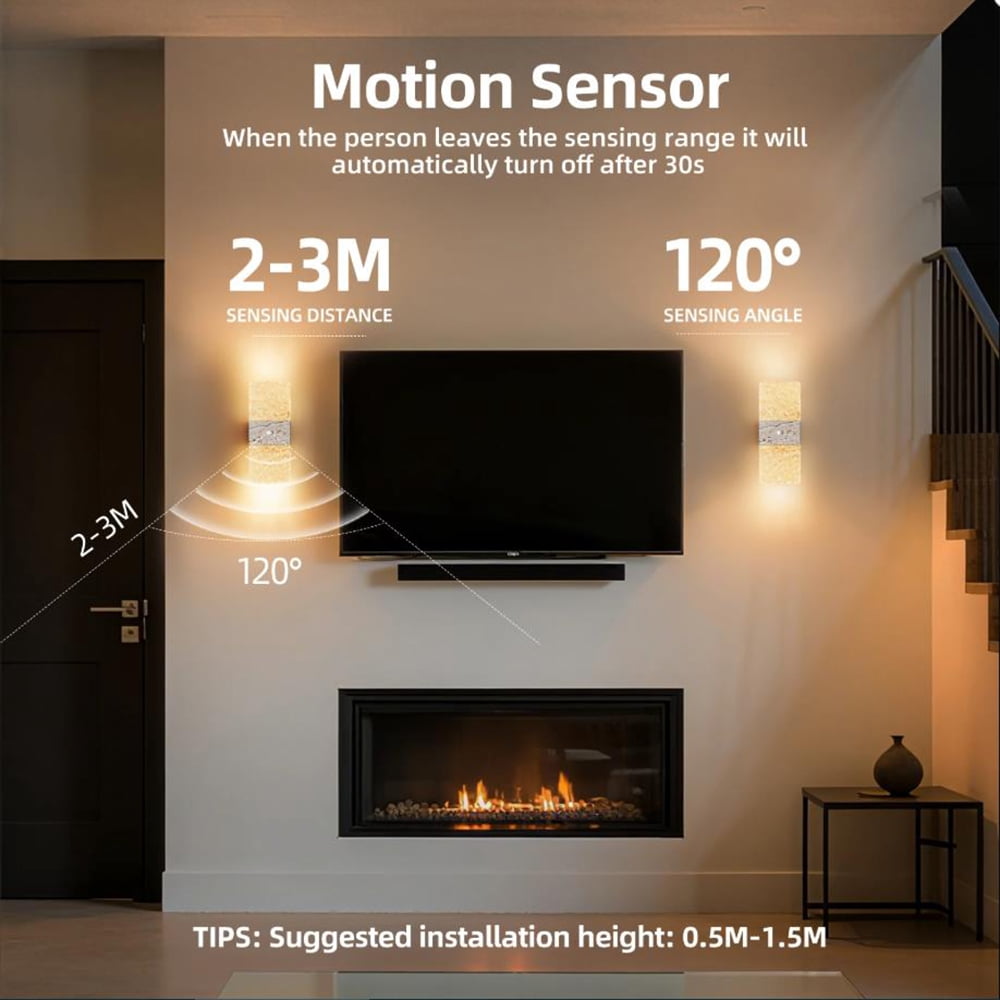 Jercoda 2pcs Wireless Motion Sensor Wall Lights with Auto-Modes, Rectangular Design Rechargeable Wall Sconces with Stickers for Bedroom Living Room Stairways