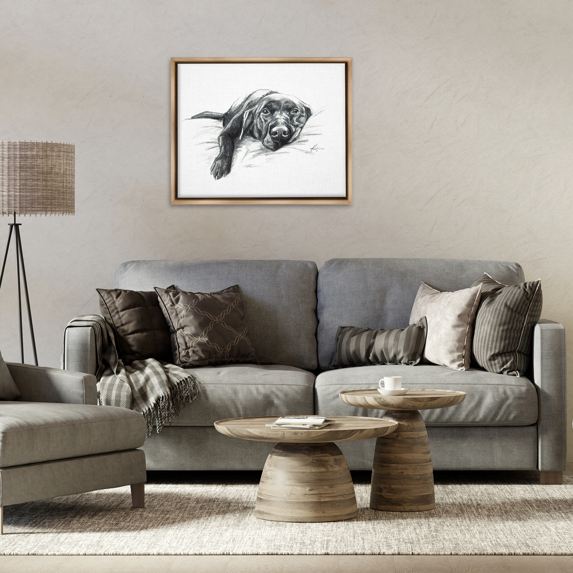Stupell Industries Naptime Black Labrador Animals Drawing Brown Floater Framed Canvas Art Print Wall Art, 31 x 25