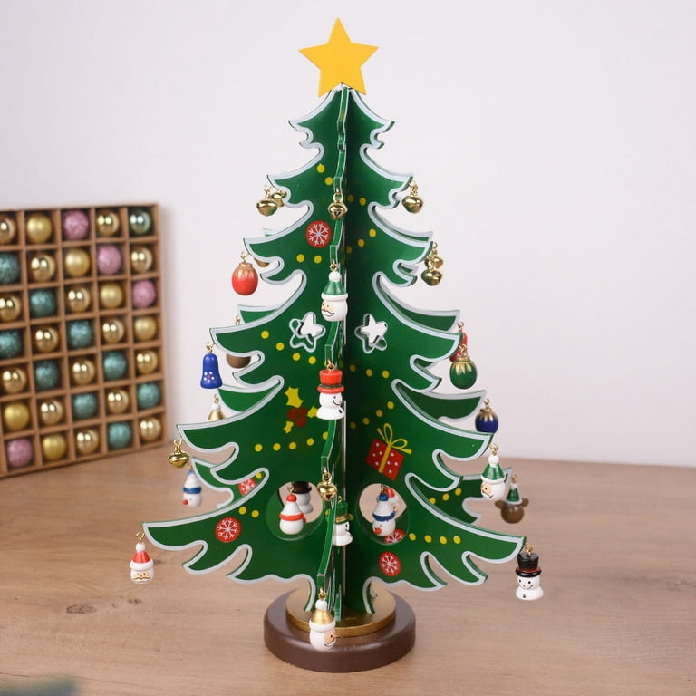 12.25 Wooden Christmas Tree with Miniature Ornaments Table Top Decoration