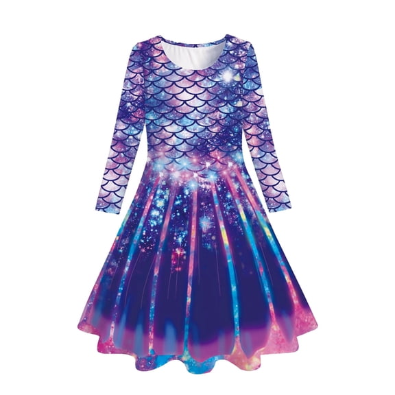Lanbubble Girls Dresses Long Sleeve Mermaid Printed Casual Twirly Dress Fall Clothes 5-13 Years