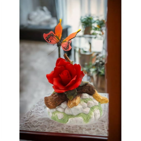 Ceramic Red Rose Butterfly Figurine 5 1/8" Nature