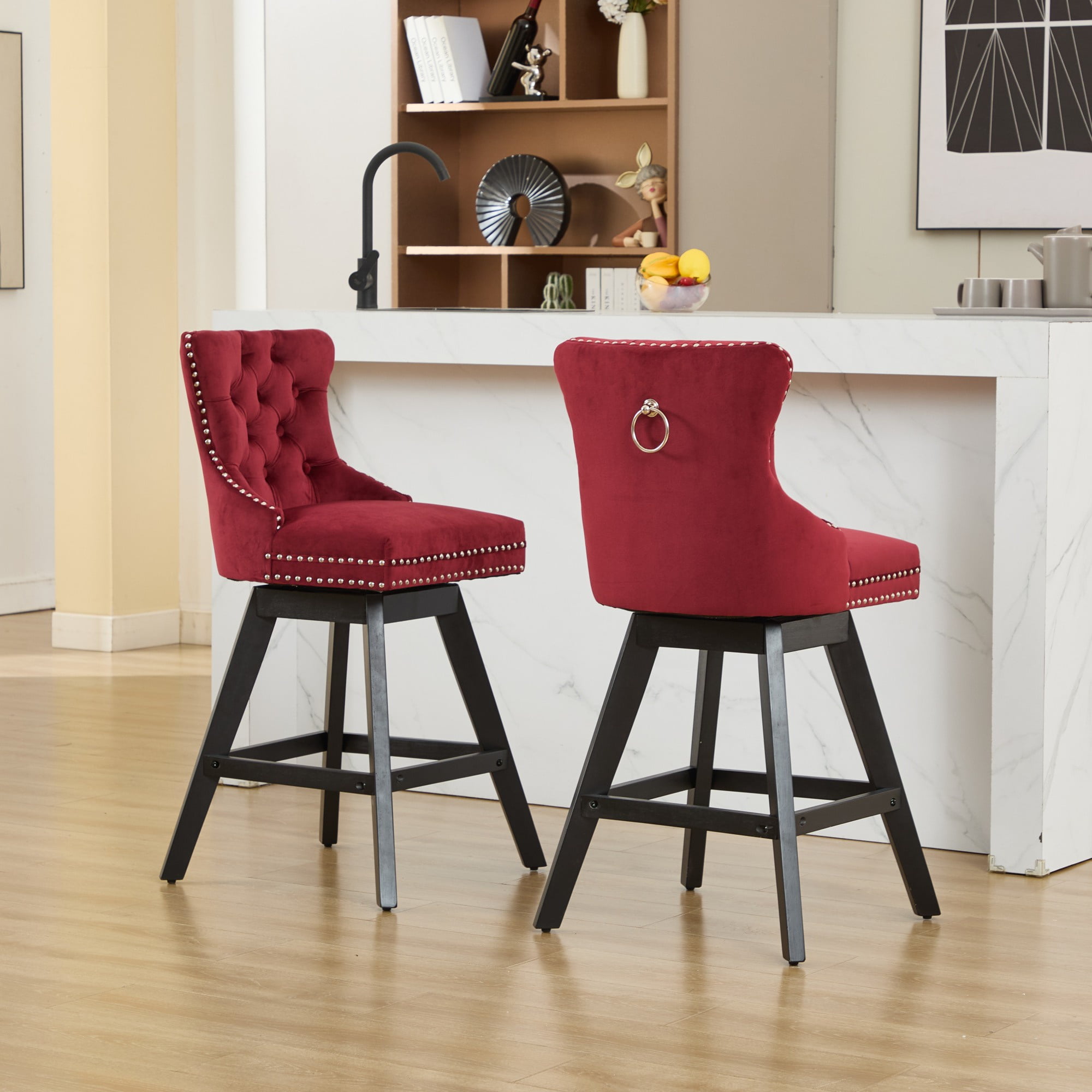 Swivel Bar Stools Set of 2, Velvet Counter Height Bar Stools with Back, Swivel Dining Chair with Button Tufted and Wooden Legs, Kitchen Chair Counter Stools for Kitchen Island Kitchen Counter, Red