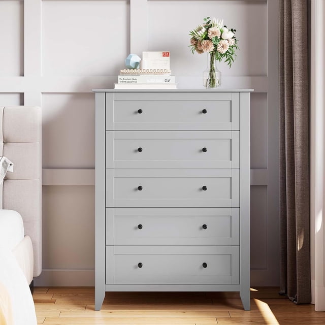 Commode à 5 Tiroirs pour Chambre, Commode Haute avec Tiroirs Profonds et Boutons en Métal, Commodes Modernes en Bois pour Entrée