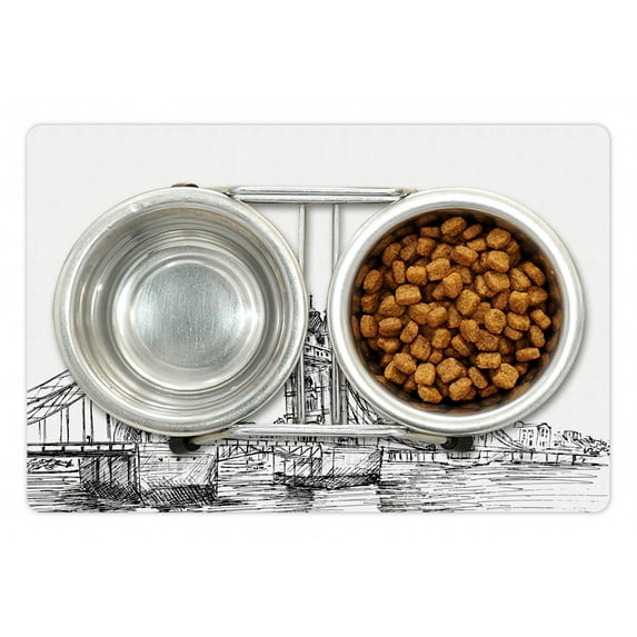 Vintage Pet Mat for Food and Water, Old Fashion London Tower Bridge Sketch Architecture British UK Scenery Art Print, Non-Slip Rubber Mat for Dogs and Cats, 18" X 12", by Ambesonne