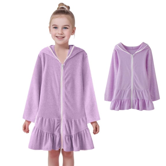 JACHENN Kids Girls Swim Cover Up Kids Long Sleeve Swimsuit Coverup Terry Zip-Up Bathing Beach Pool Swimwear Clothes 3-4 Years