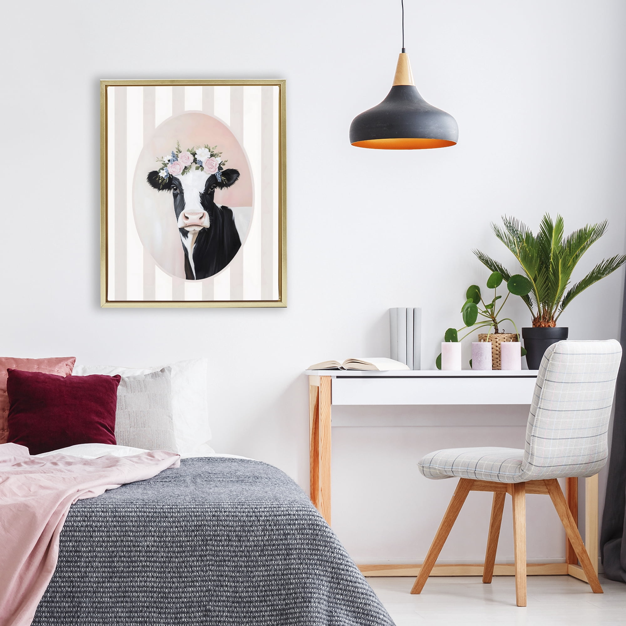 Stupell Industries Soft Cow with Floral Crown Gold Framed Floater Canvas Wall Art, design by Arlington Prints