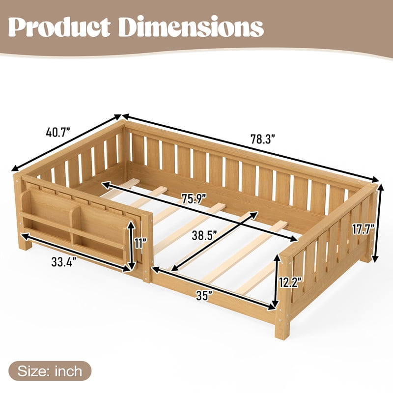 URTR Twin Size Montessori Floor Bed with Storage Bookshelf and High-Quality Safety Guardrail, Wooden Twin Floor Bed Frame, Low Profile Twin Bed with Fence and Headboard, Light Natural