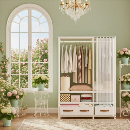 Heavy-Duty Foldable Closet with Hanging Rod - Portable Wardrobe Cabinet with Drawers, White Space-Saving Organizer