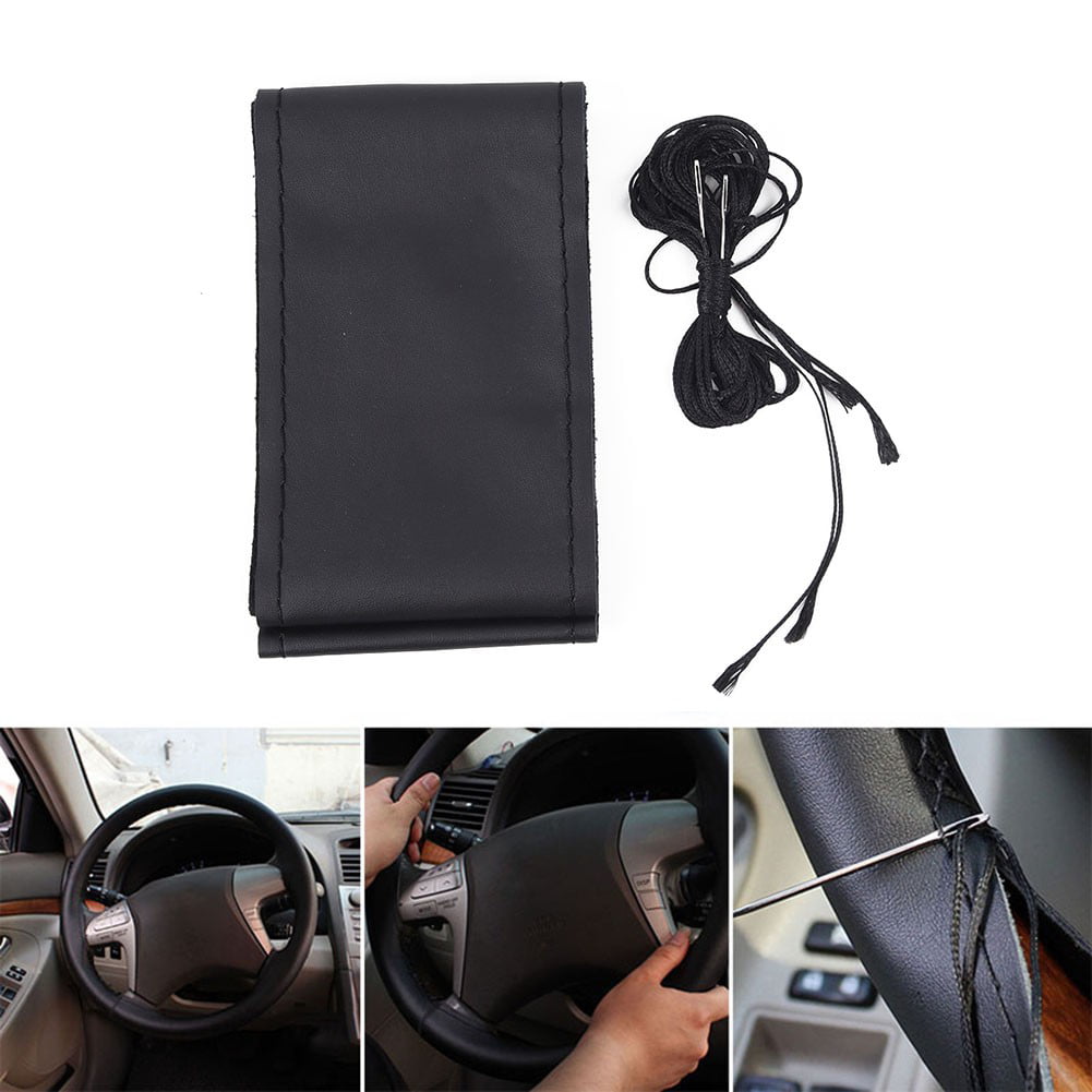 Car Truck Leather Steering Wheel Cover With Needles and Thread Black 