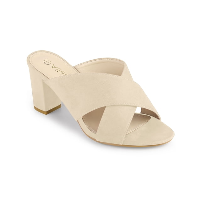 BLISSFUL STEP Sandales pour Femmes à Talons Blocs Mules à Brides Croisées Sandales à Enfiler Beige 7