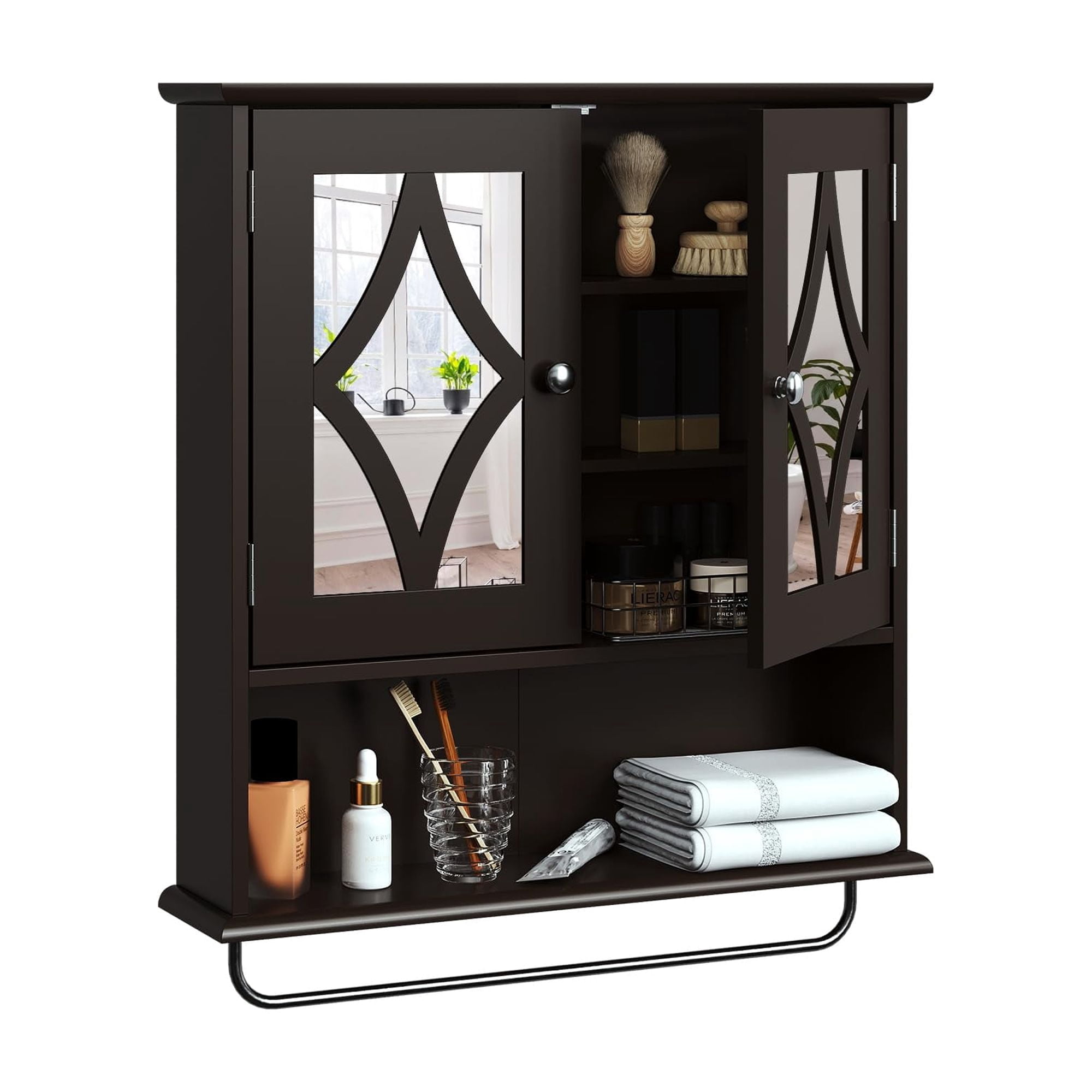 RoyalCraft Bathroom Medicine Cabinet with Mirror, Vanity Wall Mounted Storage Cabinet with Adjustable Shelves and Towel Bar, Hanging Wall Cabinet for Bathroom, Laundry, Living Room, Brown