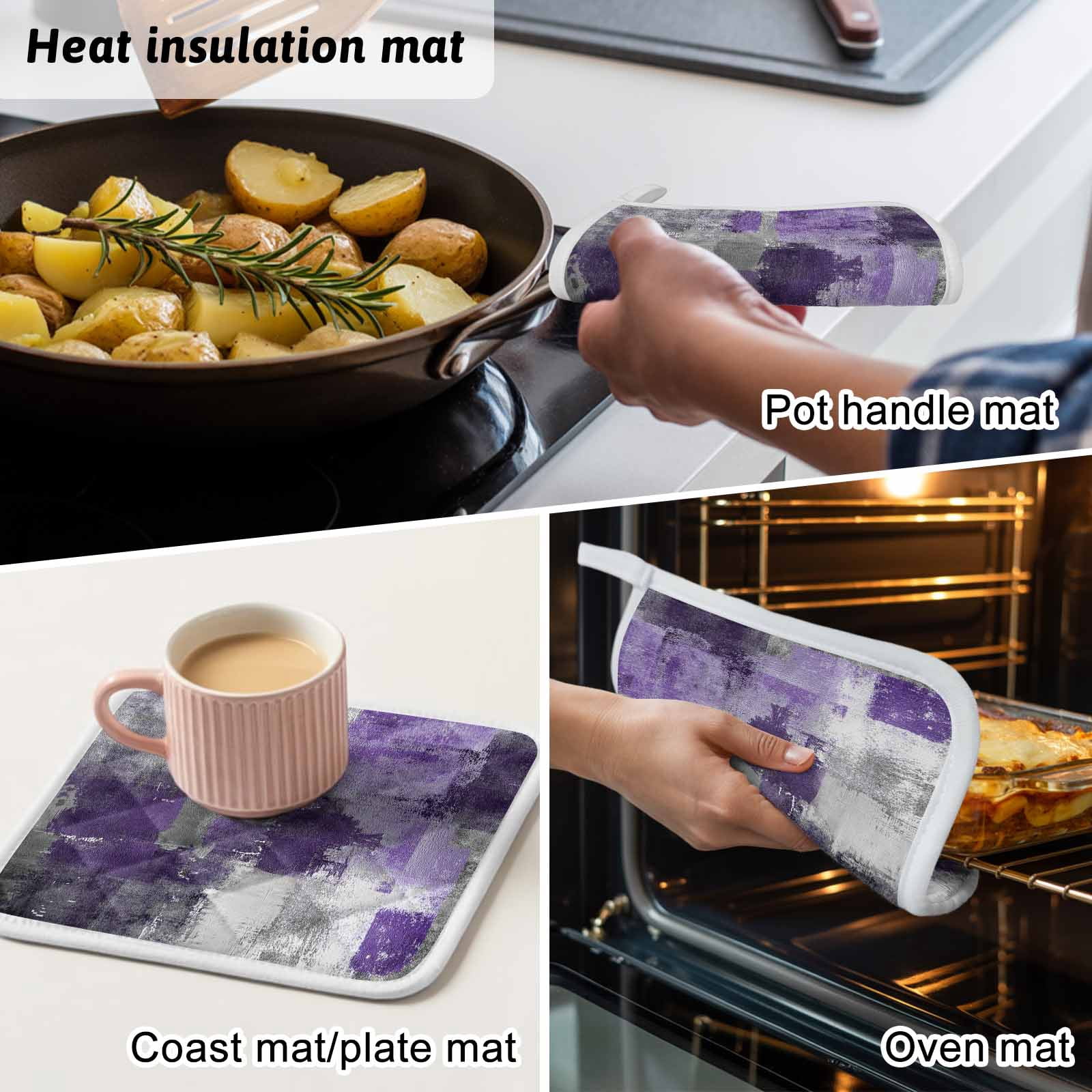 Purple Grey Pot Holders for Kitchen Heatproof Potholder, 3 Pack Modern Oil Painted Abstract Art Aesthetics Hot Pads Multipurpose Oven Pads Cloth Potholders Trivet for Cooking Baking